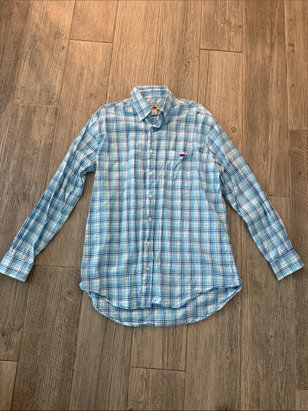 PERLIS Light Blue Plaid Long-Sleeve Dress Shirt